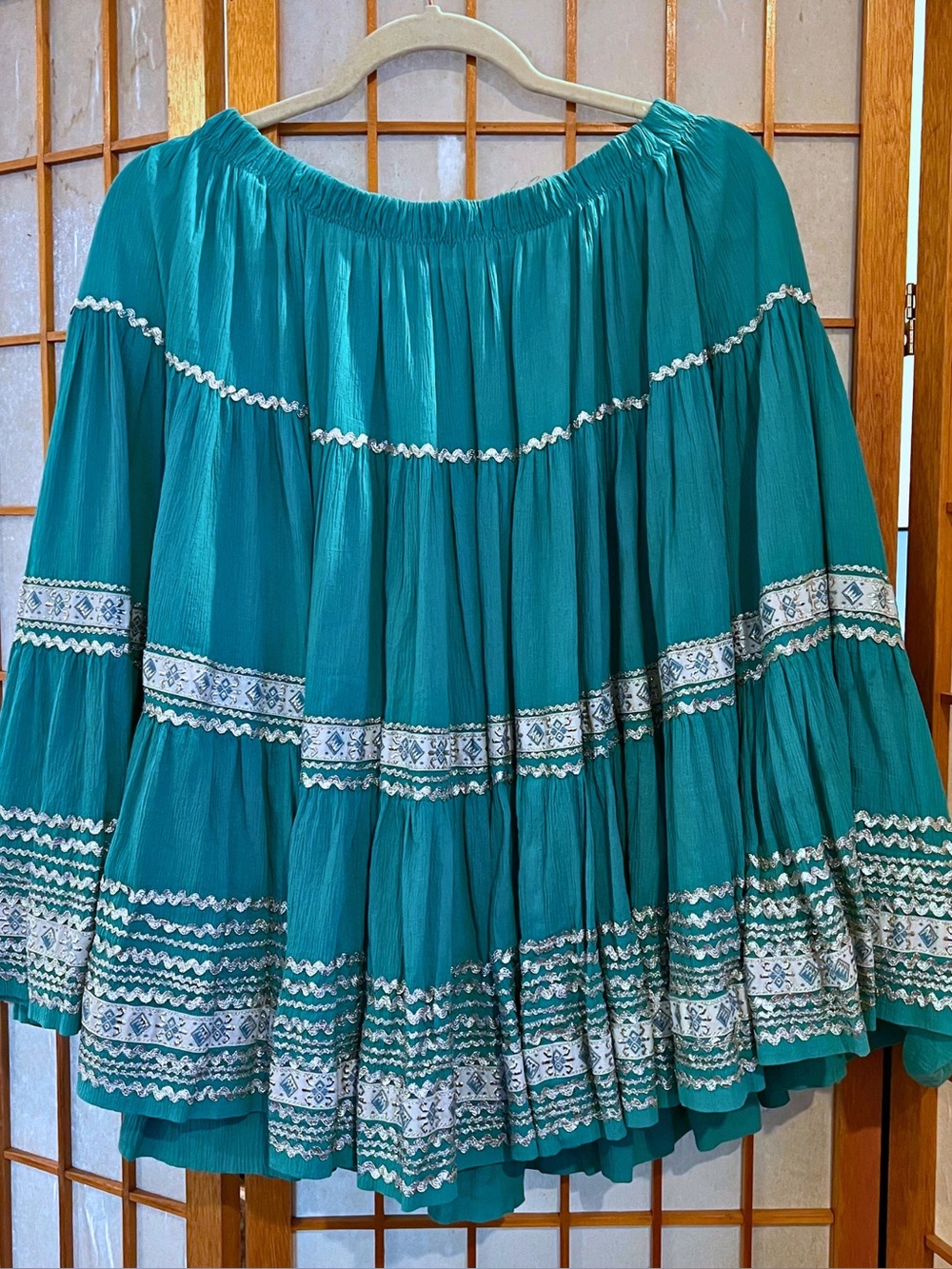 Vintage Turquoise Tiered Prairie Skirt Metallic Silver Ric Rac Fiesta Western